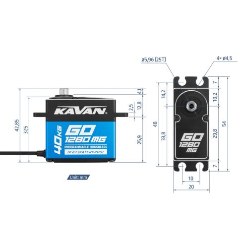 Kavan GO-1280MG Brushless HV Programozható, Víz és Pormentes Digitális Fémfogas szervó  (0,085sec, 40kg/8,4V)