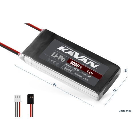 Kavan Lipó 3000mAh 2s (7.4V) 30/60C RX/Vevő Lipo Akkumulátor, Futaba Csatlakozó.