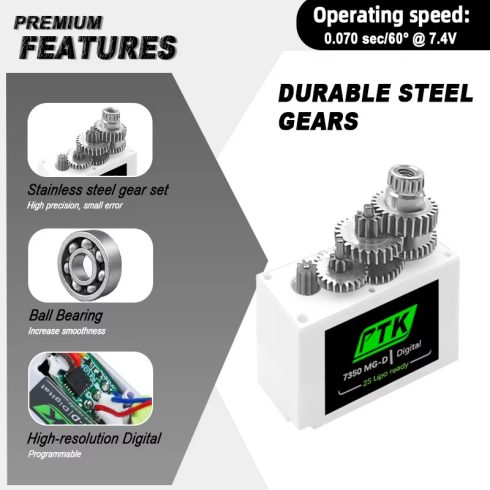 PTK 7350 MG-D Digitalis Coreless Fémfogas 5,5g Mini HV Szervó. 0,07sec/7,4V/1,8Kg. (F3P, F3K, F3L, F5L, Glider/Indoor Plane)