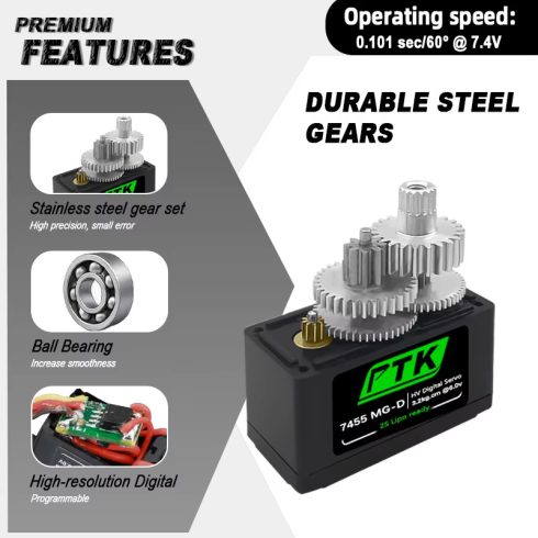 PTK 7455MG-D Digitális Fémfogas 13g HV Mikro Szervó, 0,1sec/7,4V/5,3Kg. (F3P Indior/Glider Plane)