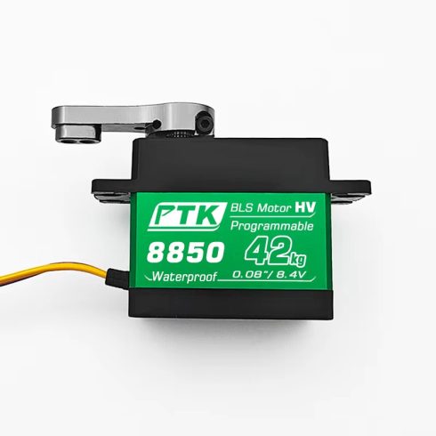 PTK 8850 Digitális Fémfogas Standard Programozható Vizálló Brushless HV Szervó, 1db Alu szervókarral, (0,086sec/8.4V/42kg)