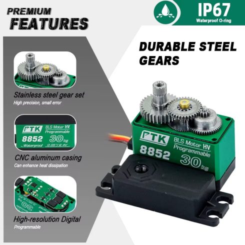 PTK 8850 Digitális Fémfogas Standard Programozható Vizálló Brushless HV Szervó, 1db Alu szervókarral, (0,086sec/8.4V/42kg)