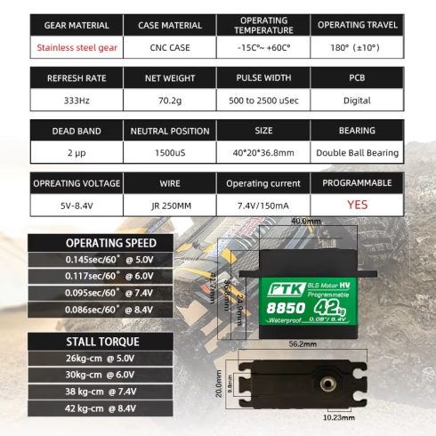 PTK 8850 Digitális Fémfogas Standard Programozható Vizálló Brushless HV Szervó, 1db Alu szervókarral, (0,086sec/8.4V/42kg)