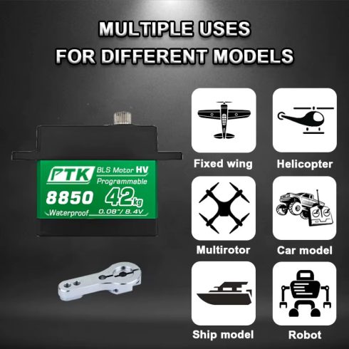PTK 8850 Digitális Fémfogas Standard Programozható Vizálló Brushless HV Szervó, 1db Alu szervókarral, (0,086sec/8.4V/42kg)