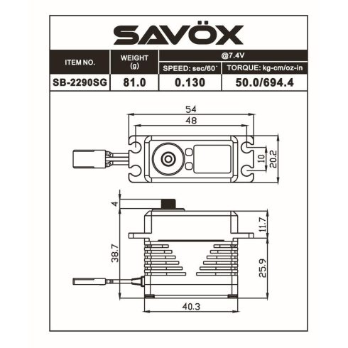 Savox SB-2290SG Brushless Digitalis Szervó ( 0,11sec 70kg/8,4V ) (Rendelhető!)